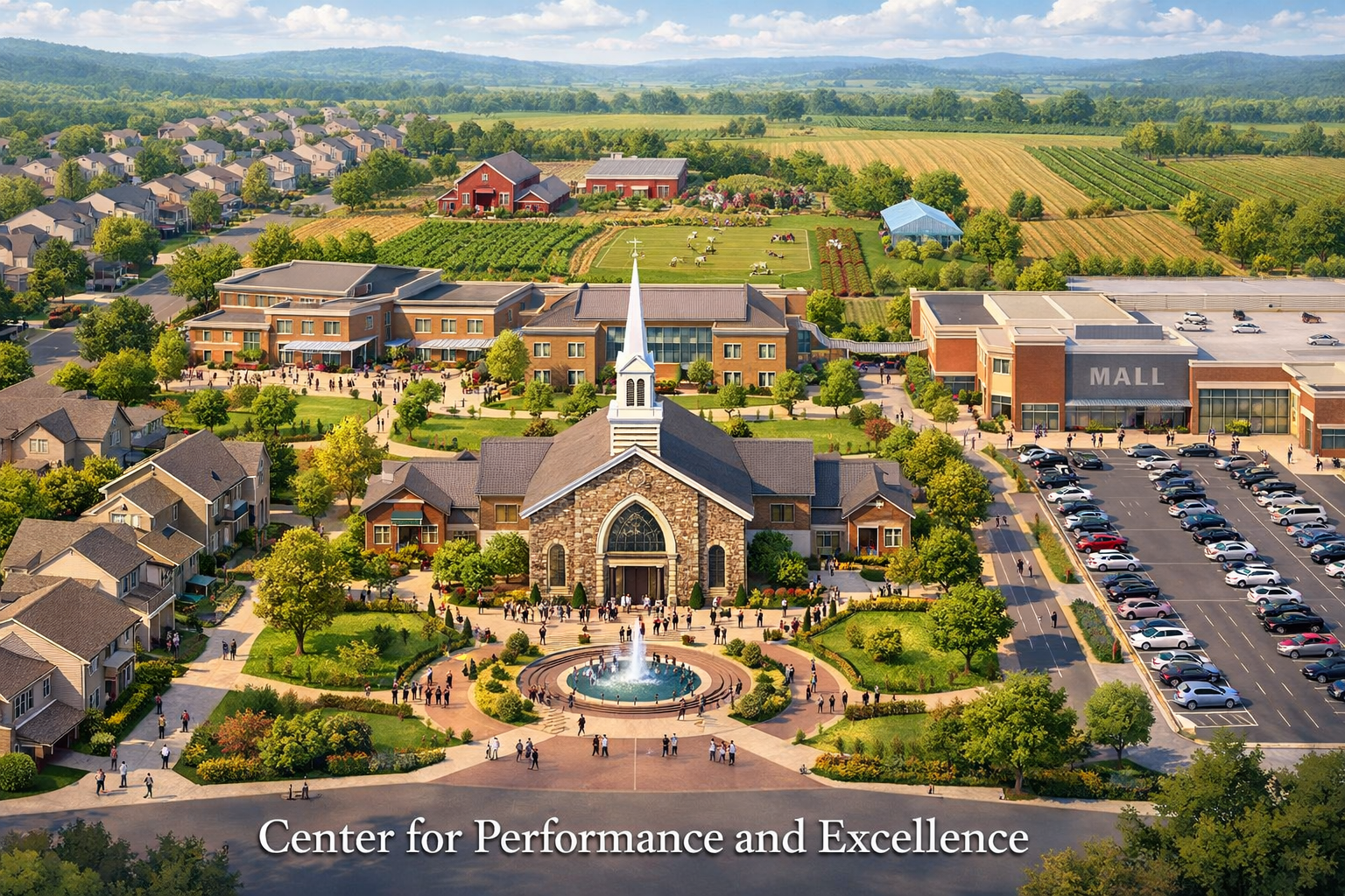 Campus concept illustration: church entrance, school, farm, housing, and mall.